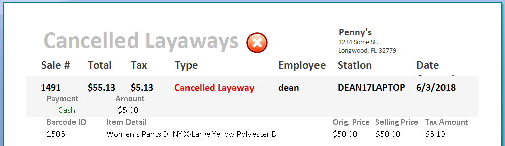 Peeps' Consignment Software • Cancelled Layaways (Click To Enlarge)