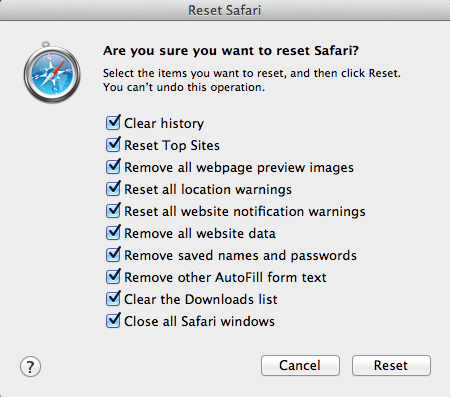 Reset Safari Selected Items