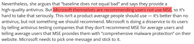 Microsoft Does Not Recommend MSE